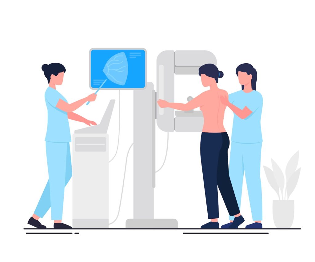 Ilustração de mulher realizando mamografia e autoexame